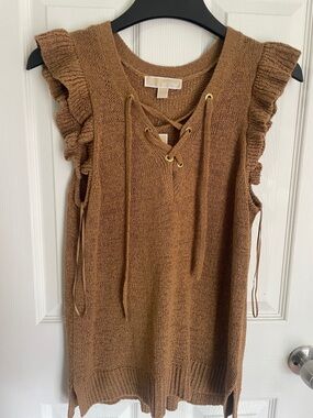 MICHAEL Michael Kors Cognac Brown Knit Lace-Up Ruffle Sleeve Vest